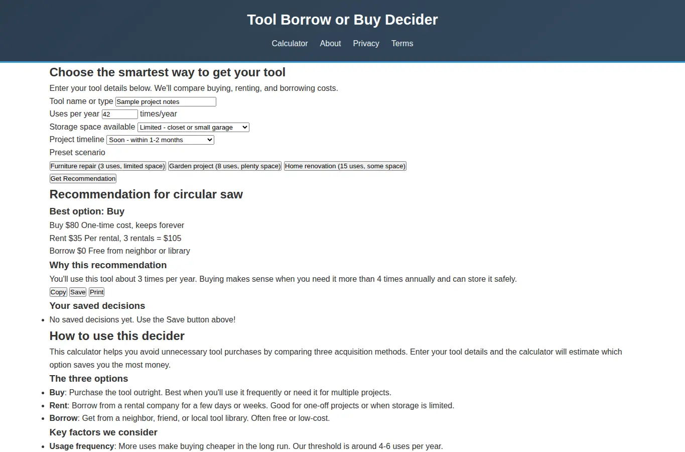 Screenshot of Tool Borrow or Buy Decider interface showing the project page in use